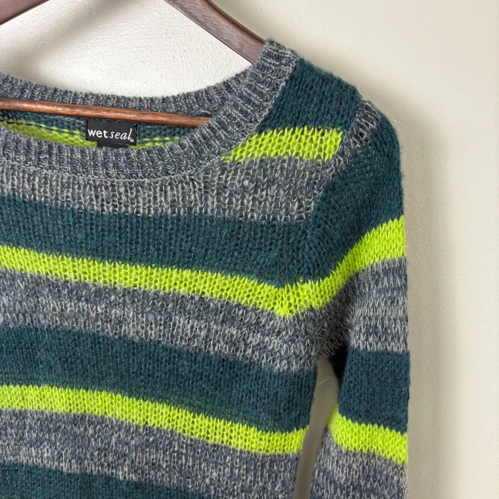 Vintage Y2K Sweater Bella Swan Green Gray‎ Stripe Womens XS Long Sleeves Knit
